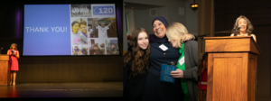screen with thank you written on it, three women hugging and smiling, and a woman speaking at a podium