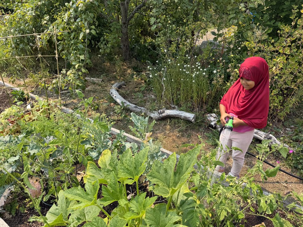 lush garden with child watering it with a hose